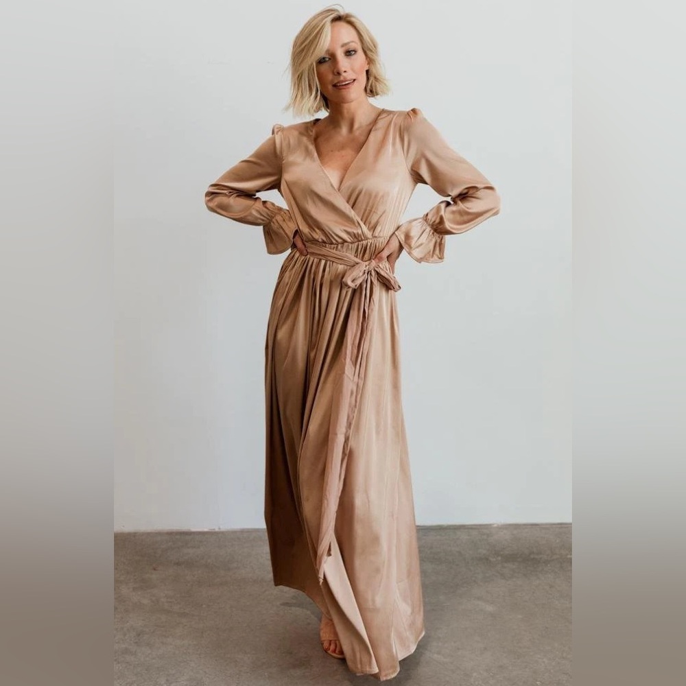 Baltic Born Women’s Champagne Holly Satin Belted V-Neck Maxi Dress Size Med